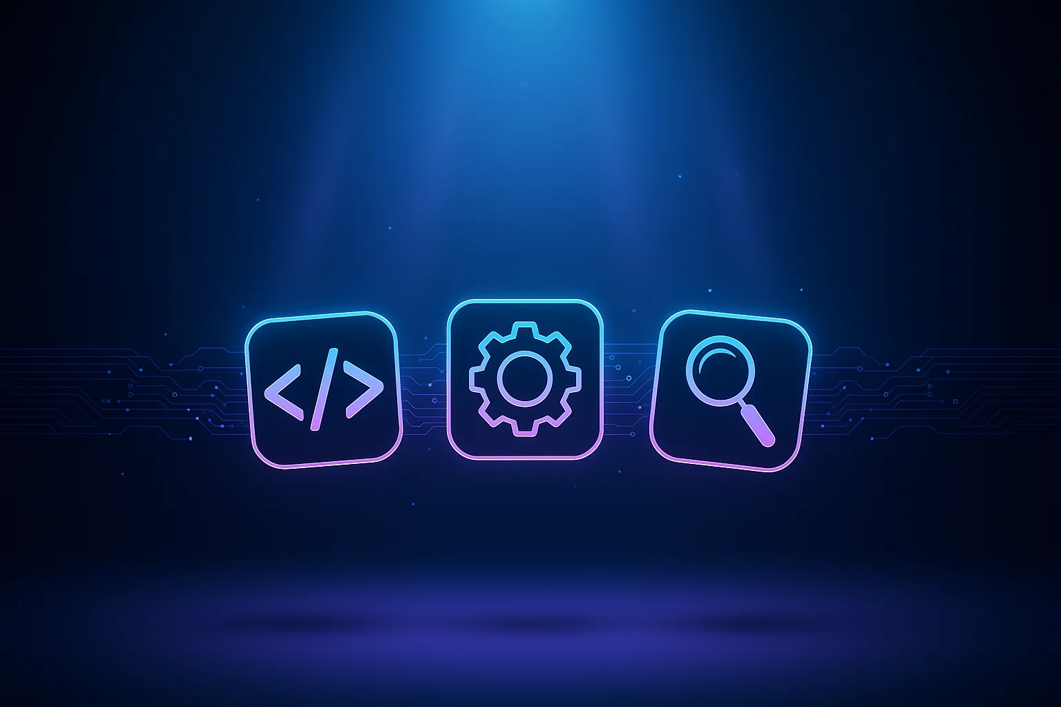 Ilustração futurista minimalista com ícones neon de código, engrenagem e lupa em fundo escuro tecnológico.