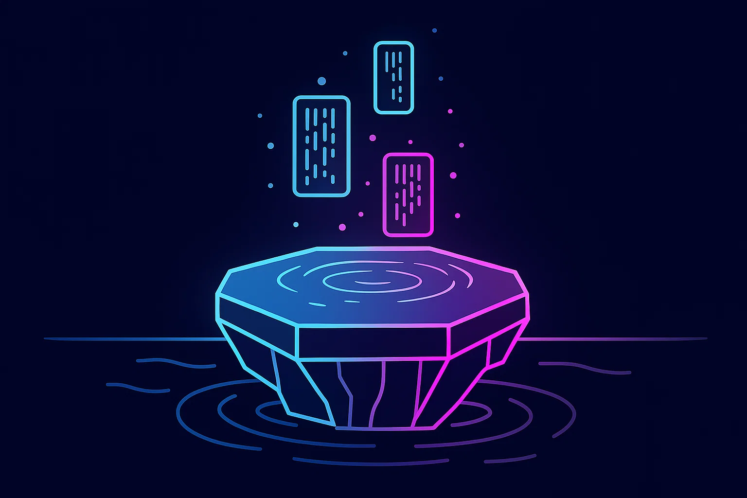 Ilustração abstrata da Island Architecture, mostrando uma ilha flutuante brilhante com blocos interativos acima dela em gradiente azul e roxo.