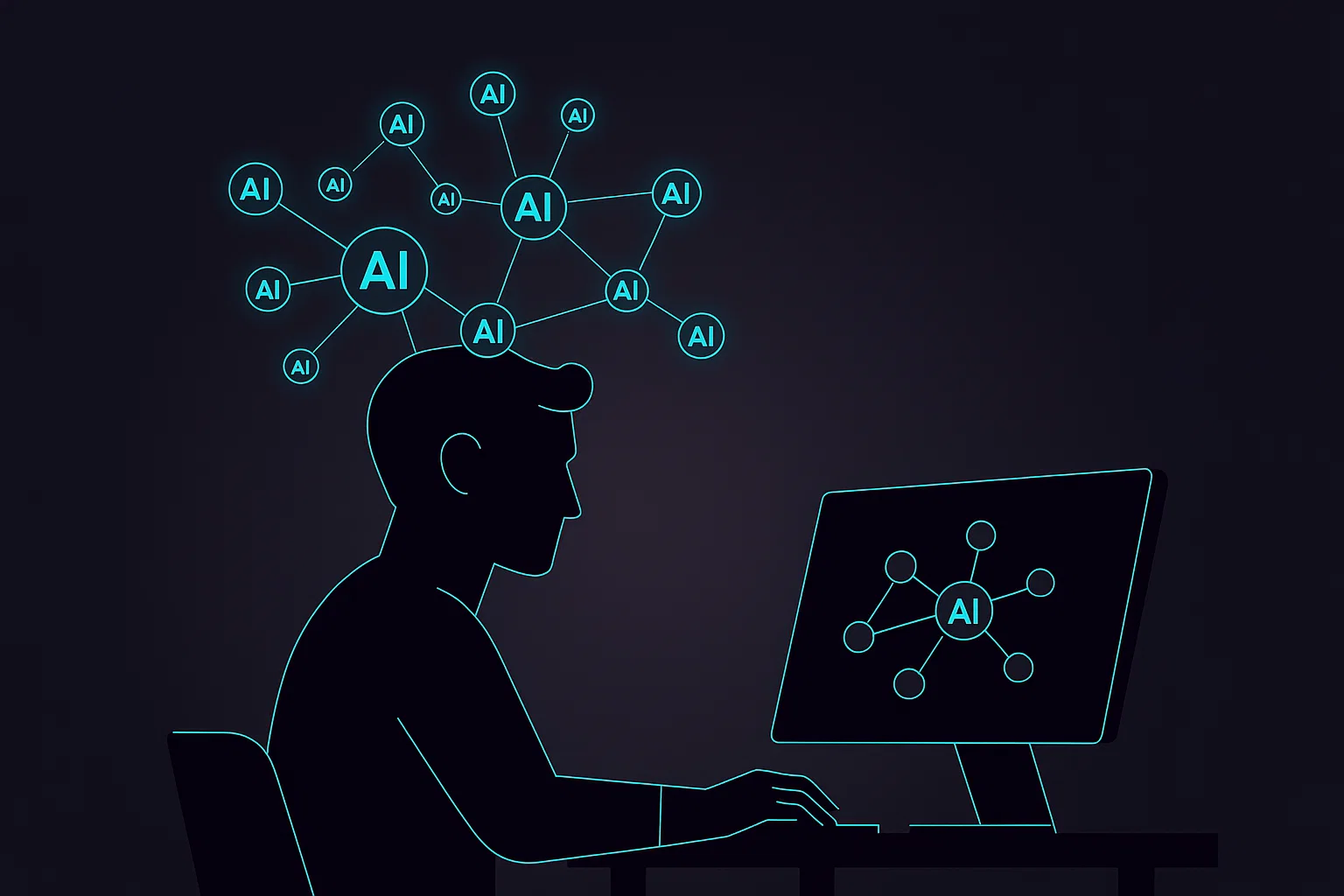 Ilustração de um desenvolvedor em frente ao computador com nós de rede de IA acima da cabeça e na tela, simbolizando a arquitetura de inteligência artificial para desenvolvedores.
